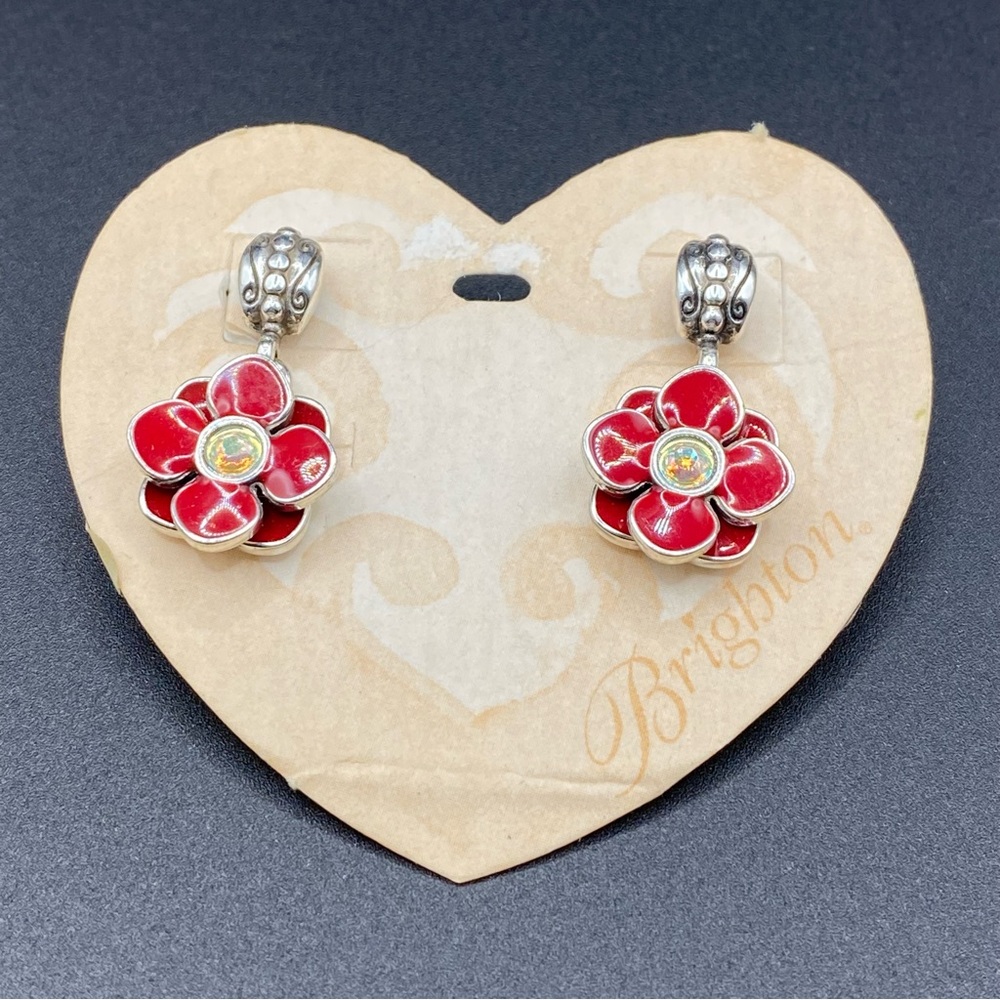 BRIGHTON Opening Night at the Opera Red Enamel Flower AB Crystal Silver Earrings